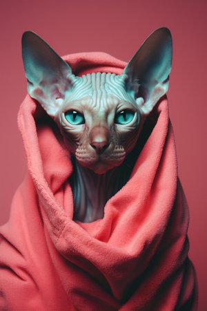 A hairless Sphynx cat wrapped cozily in a pink towelの素材