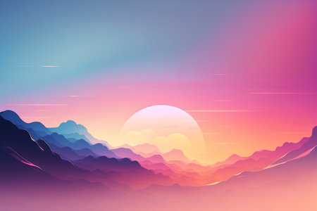 A digitally created landscape featuring stylized mountains under a vibrant gradient sunrise sky.の素材