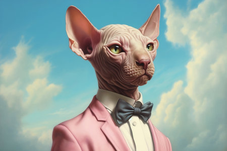 Sphynx cat in a pink jacket and bow.の素材