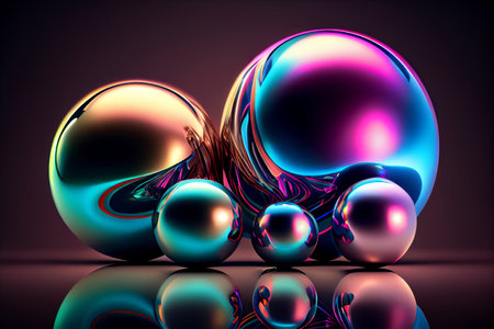 Metallic spheres with iridescent hues reflecting in harmonyの素材