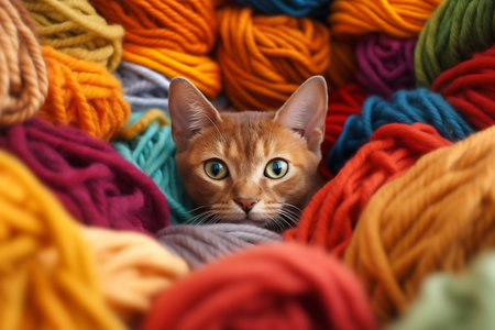 Red cat hiding in multicolored balls yarn balls. Little curious kitten looking at the camera.の素材
