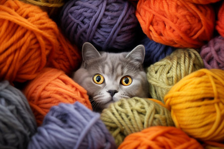 British Shorthair cat hiding in multicolored balls yarn balls. Little curious kitten looking at the camera.の素材