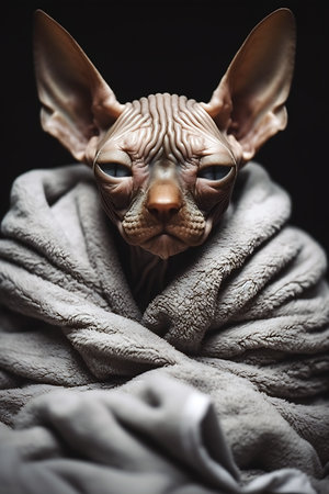 A poised Sphynx cat enveloped in a soft gray blanket, showcasing its distinctive features and serene gazeの素材