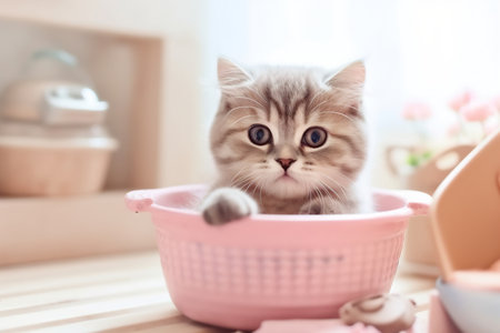 Close up of a domestic cat sitting in the kitchen. Cat relax at home. Soft pastel colors image.の素材