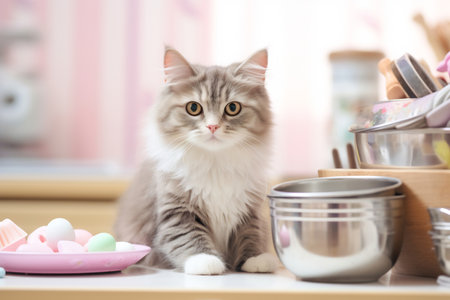 Close up of a domestic cat sitting in the kitchen. Cat relax at home. Soft pastel colors image.の素材