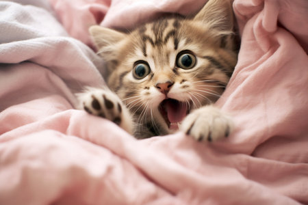 Adorable kitten with wide eyes peeking out from cozy pink blankets.の素材