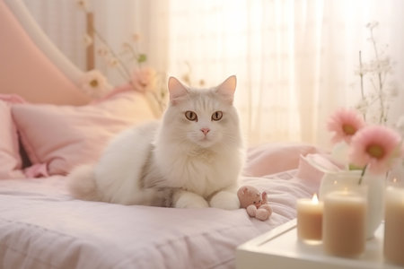 Close up of domestic cat lying on the bed in the bedroom. Cat relax on the bed at home. Soft pastel colors image.の素材