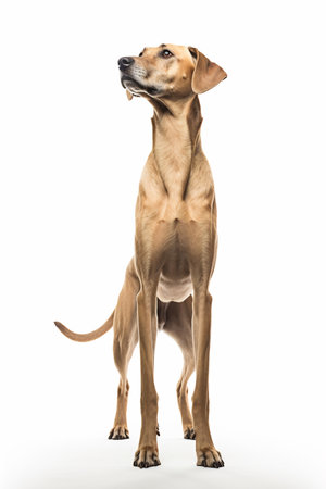 Front view of a sleek Italian Greyhound standing alert on a white backgroundの素材