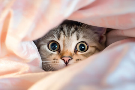 Adorable kitten with wide eyes peeking out from cozy pink blankets.の素材