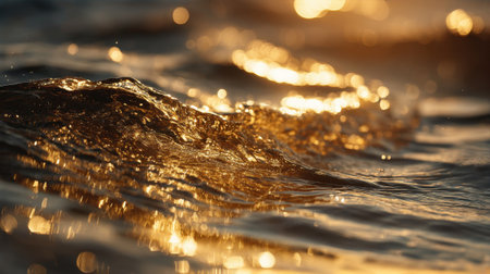 Waves move gently as sunlight sparkles on the water surface during the evening hours, creating a bright scene.の素材
