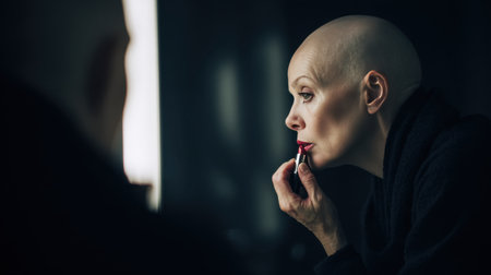 A woman with a shaved head is applying red lipstick while looking into a mirror. She sits in a dim room with soft lighting.の素材