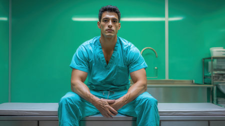 A surgeon in green scrubs sits on an examination table in a hospital room. The background shows medical equipment and a sink.の素材