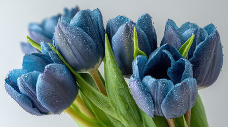 Water droplets rest on blue tulips in a close-up view. The flowers are fresh and show details of their petals and leaves.の素材