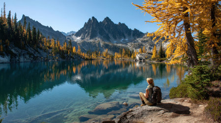 A person relaxes by a clear lake surrounded by mountains and autumn trees. The sun shines brightly on the scene.の素材