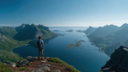 A person stands atop a mountain looking down at a large body of water surrounded by islands and mountains on a clear day.の素材