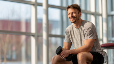 A man sits in a gym area while holding a dumbbell. He smiles and enjoys a break after exercising by large windows.の素材