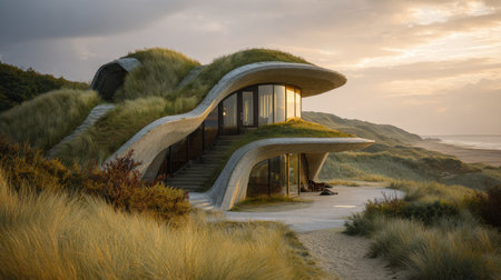 A house is built in a grassy area near the beach. It has large windows and a unique design. The sun is setting in the background.の素材