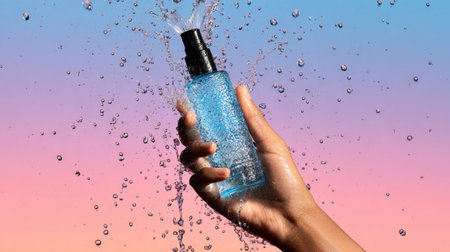 A hand grips a bottle while water sprays out around it. The background has colors that blend from blue to pink.の素材