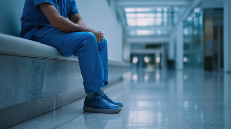 A medical worker in blue scrubs rests on a bench in a hospital corridor. The bright space is empty and quiet.の素材