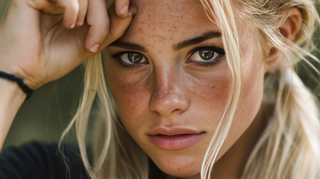 A young woman with light hair poses outdoors, looking directly at the camera. She shows freckles on her cheeks.の素材