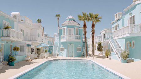 People relax around a pool in a resort with palm trees and blue buildings. The sky is clear and sunny, creating a warm atmosphere.の素材
