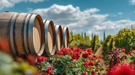 Barrels are placed near colorful flowers along a path in a vineyard under a blue sky during daytime.の素材