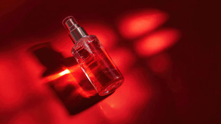 A clear spray bottle sits on a red surface. Light creates shadows and reflections around the bottle.の素材
