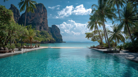 A pool sits by the beach with clear water and palm trees under bright blue skies. Mountains rise in the background near the shore.の素材