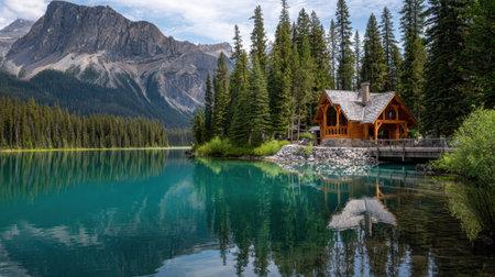 A wooden cabin sits beside a clear lake, reflecting the surrounding trees and mountains. Sunlight shines on the water in a scenic area.の素材