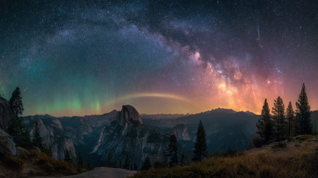 Stars shine bright over Yosemite Park as colorful lights fill the sky. Trees stand tall along a mountain range that stretches far away.の素材