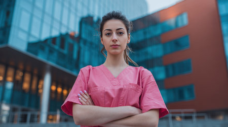 A healthcare worker poses confidently outside a modern medical building. She wears pink scrubs and has her arms crossed.の素材