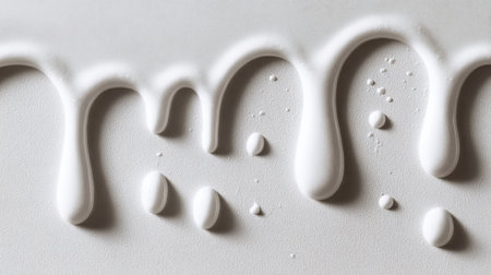 A thick white liquid drips and pools on a light surface. The texture shows smooth lines and shiny spots. It creates a simple pattern as it spreads.の素材