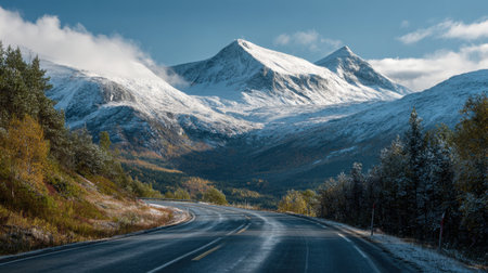 A winding road stretches through a landscape of snow-covered mountains under a clear sky. Trees line the road.の素材