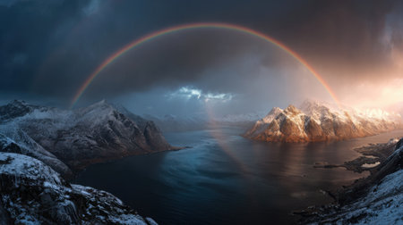 A rainbow stretches across the dark sky above snowy mountains and calm water. The light shines on the landscape, creating a beautiful view.の素材