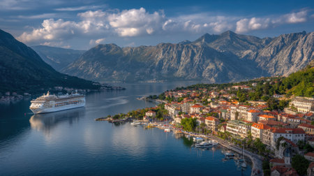 A cruise ship docks in Kotor Bay surrounded by mountains and houses. The scene captures the beauty of nature and human activity.の素材