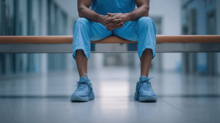 A person in medical scrubs sits on a bench in a hospital hallway and waits quietly for a moment.の素材