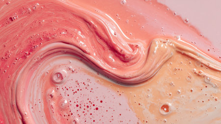 Colors mix in a fluid swirl. Pink and peach tones blend together on a smooth surface. Bubbles add depth to the composition.の素材