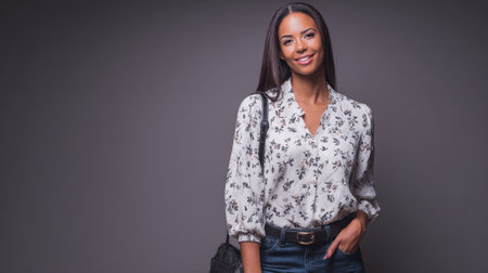 A woman stands smiling, wearing a floral top and jeans, in a studio with a neutral background. Her posture is relaxed and confident.の素材