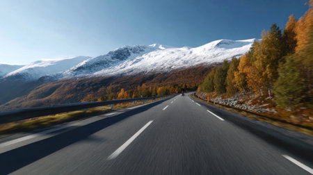 A road stretches through a mountain area with snow-capped peaks and trees changing color. The sun shines bright in the sky.の素材