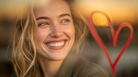 A woman is smiling while looking out a window. A heart is drawn on the glass. The sun is setting in the background.の素材