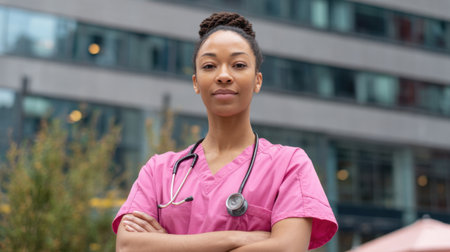A nurse stands with arms crossed in front of a hospital. She wears scrubs and a stethoscope. The setting shows a modern city.の素材