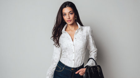 A woman is standing in a studio, wearing a white shirt and holding a bag. She has long hair and is looking at the camera.の素材