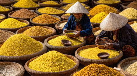 Two workers sort grains into smaller bowls among many baskets filled with different colored grains in a marketplace.の素材