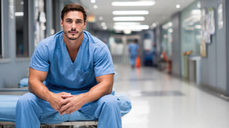 A man in blue scrubs sits on a stretcher in a hospital hallway. He looks thoughtful as others move in the background.の素材