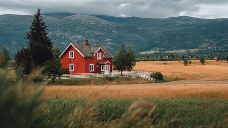 A red house stands in an open field with yellow grass. Mountains rise in the background under a cloudy sky. Trees surround the home.の素材