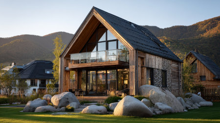 A wooden house stands on a grassy area surrounded by rocks and trees. Mountains rise in the background near sunset.の素材