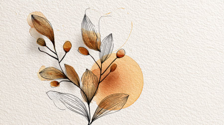 A design shows leaves and flowers with simple lines and shapes on white paper. The colors are soft and blend well together.の素材