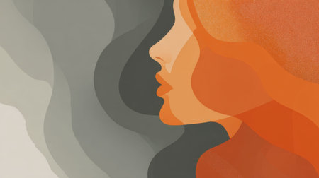A side view of a woman with orange hair and grey background. The artwork shows flowing shapes and colors in a simple style.の素材