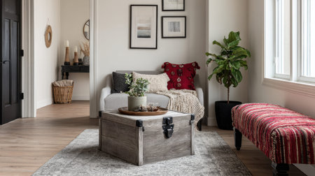 A cozy living room has a white sofa, a wooden coffee table, plants, and wall art. Light comes through large windows.の素材