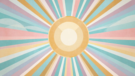 A sun shines brightly in the center with colorful rays extending in all directions. The sky is blue with light clouds in view.の素材